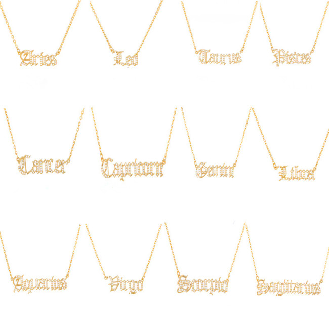 2020 Hot Sale Zodiac Necklace Copper Zircon Vintage English Letter Personalized Pendant Jewelry Letter Necklace