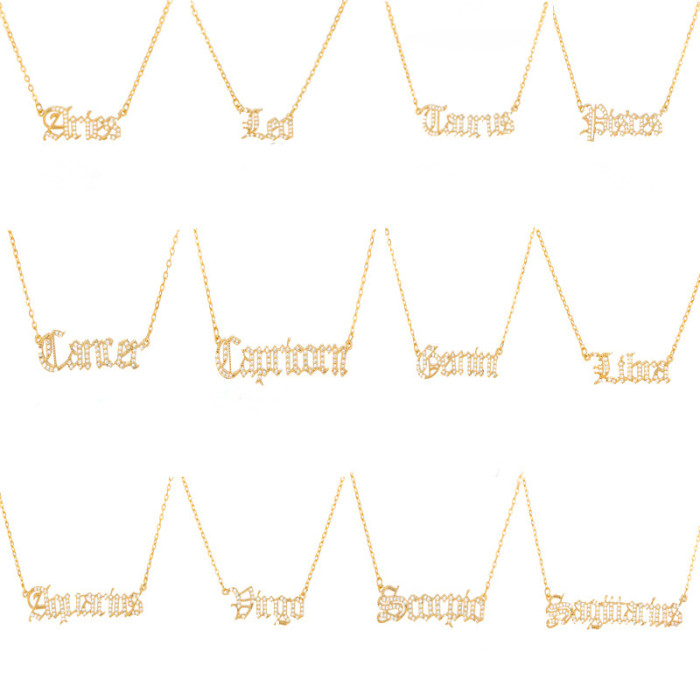 2020 Hot Sale Zodiac Necklace Copper Zircon Vintage English Letter Personalized Pendant Jewelry Letter Necklace
