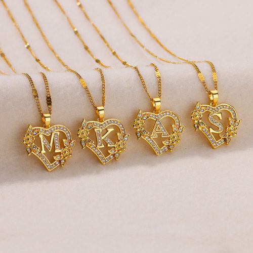 Cross-Border New Product Simple Fashion Hollow Heart Flower 26 English Letters Inlaid Diamond Pendant Necklace Collarbone Chain Wholesale