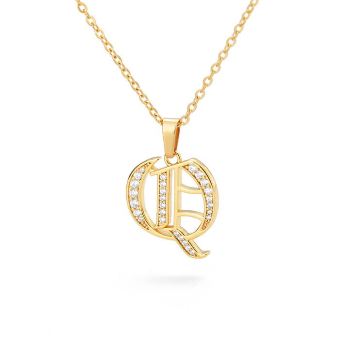 European and American Cross-Border Jewelry Ancient English Letter Pendant Copper Zircon Necklace Stainless Steel Chain 18K One Piece Dropshipping