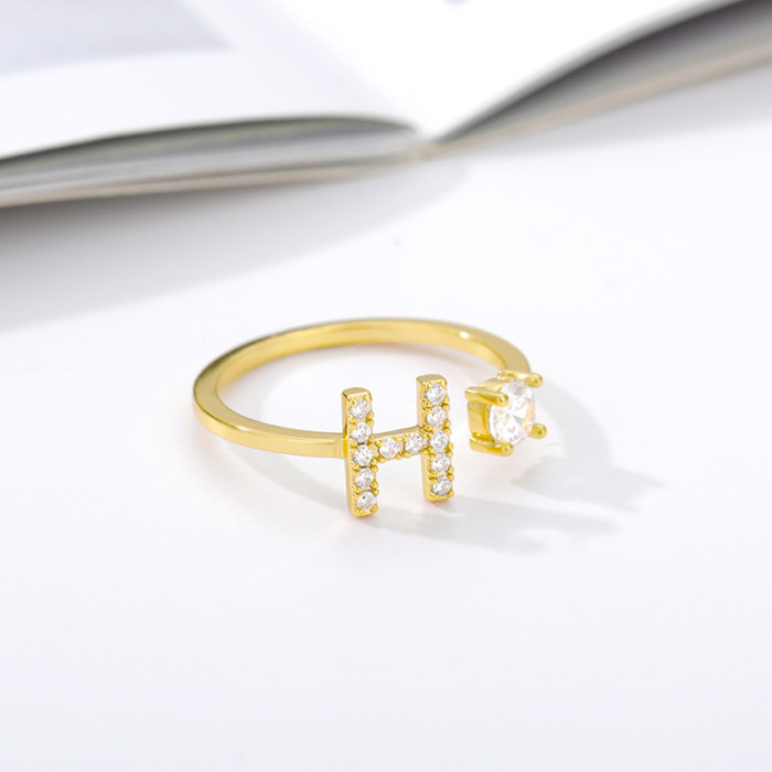 AliExpress Cross-Border New AZ Letter Ring Gold Color Women's Zircon Ring Creative Adjustable Finger Ring In Stock