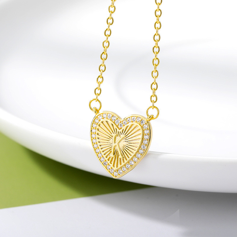 Cross-Border Jewelry Heart Necklace English Letter Pendant Copper Zircon Stainless Steel Chain Heart Pendant