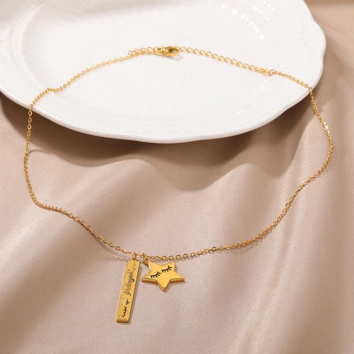 Cross-Border New 18k Gold Plated Stainless Steel Star Square Pendant Necklace Arabic Letter Necklace for Men and Women Couples