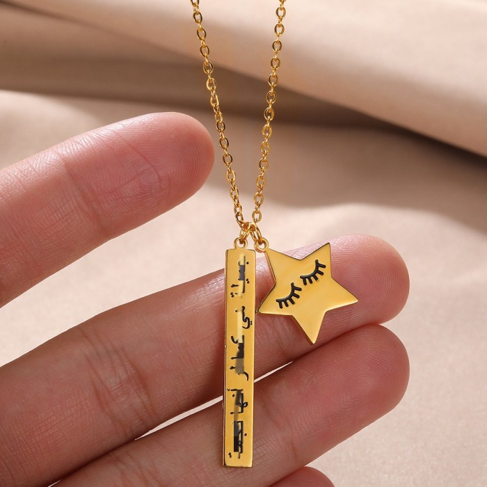 Cross-Border New 18k Gold Plated Stainless Steel Star Square Pendant Necklace Arabic Letter Necklace for Men and Women Couples