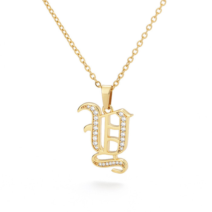 European and American Cross-Border Jewelry Ancient English Letter Pendant Copper Zircon Necklace Stainless Steel Chain 18K One Piece Dropshipping