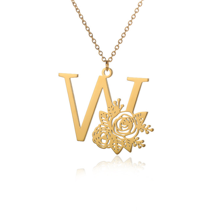 European and American New Style 18k Gold Plated Stainless Steel Letter Pendant Women's Rose Flower Collarbone Chain 26 English Letters Necklace