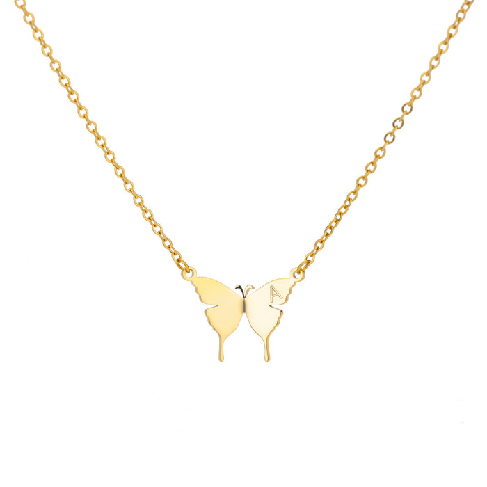 Amazon New Simple Letter Necklace 18k Gold Plated Stainless Steel Butterfly Letter Necklace Unisex Jewelry Dropshipping