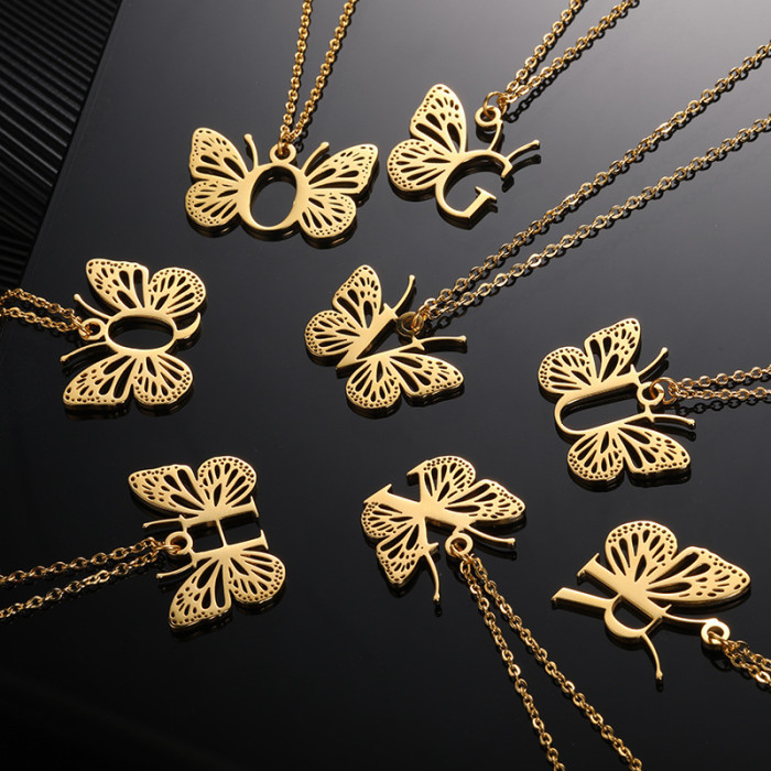 Amazon New Stainless Steel Butterfly Wing Letter Pendant Women 26 Letters Necklace Hollow Butterfly Necklace