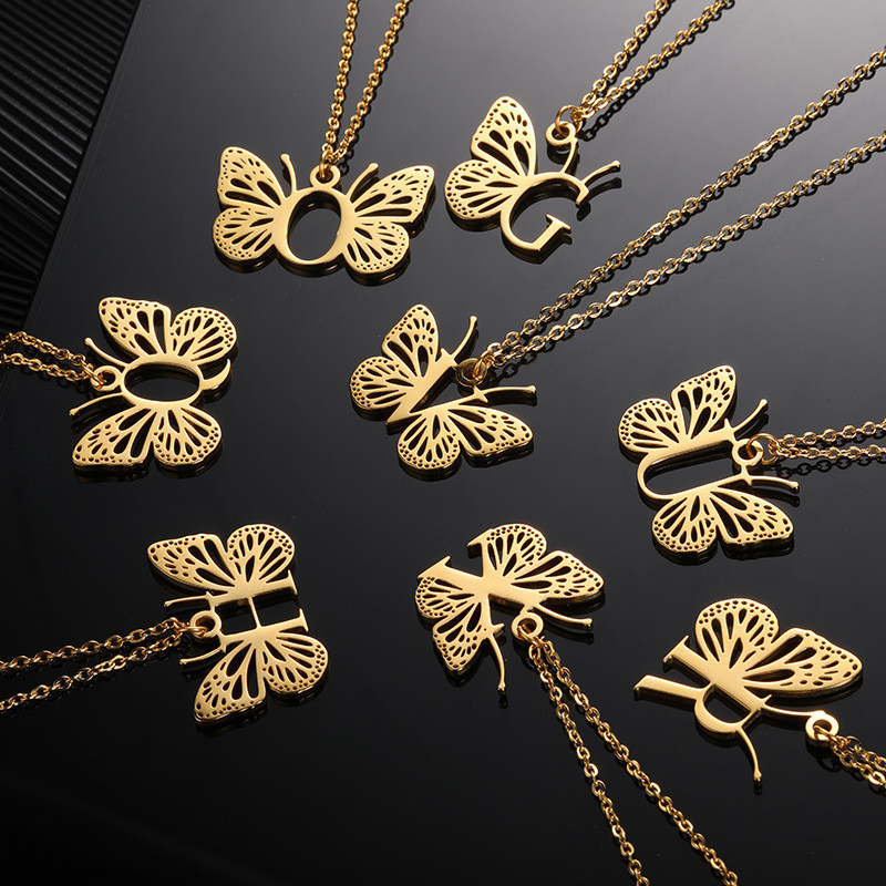 Amazon New Stainless Steel Butterfly Wing Letter Pendant Women 26 Letters Necklace Hollow Butterfly Necklace