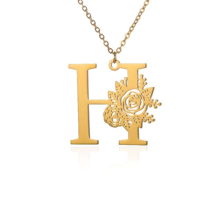 European and American New Style 18k Gold Plated Stainless Steel Letter Pendant Women's Rose Flower Collarbone Chain 26 English Letters Necklace