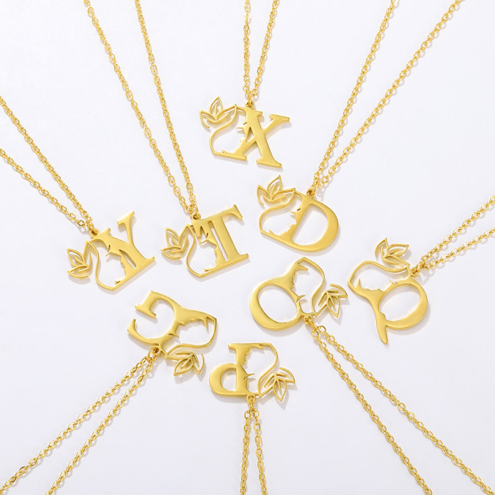 New European and American Style Letter Necklace Stainless Steel Side Face Hollow Portrait 26 Letters Necklace Unisex Jewelry Wholesale