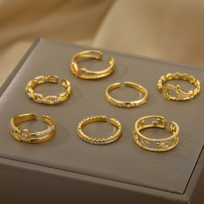 Cross-Border New Letter V Zircon Open Ring Double Layer Hollow Star Ring Lobster Clasp Design Ring Dropshipping