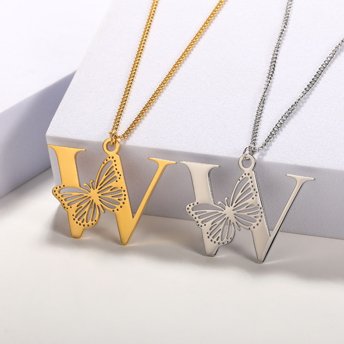 Cross-Border New 18k Gold Plated Stainless Steel Butterfly Letter Pendant Women 26 Letters Necklace Hollow Butterfly Necklace