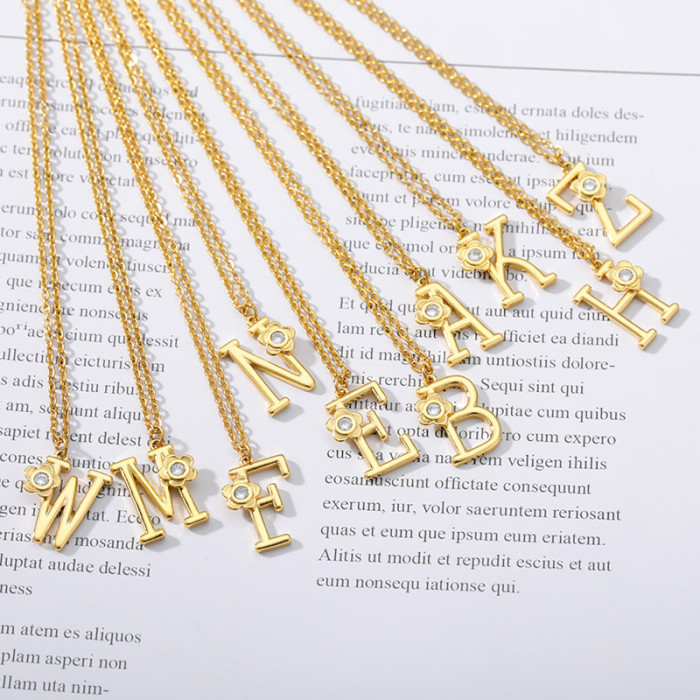 Cross-border New Product Stainless Steel Gold Uppercase English Letter Necklace Bohemian Style Rose Flower Inlaid Diamond Pendant