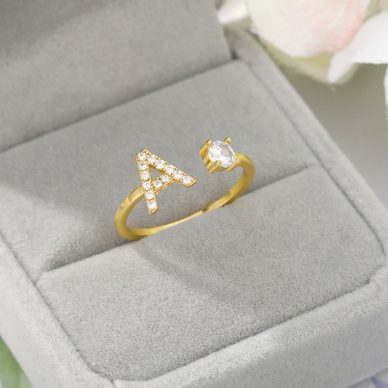 AliExpress Cross-Border New AZ Letter Ring Gold Color Women's Zircon Ring Creative Adjustable Finger Ring In Stock