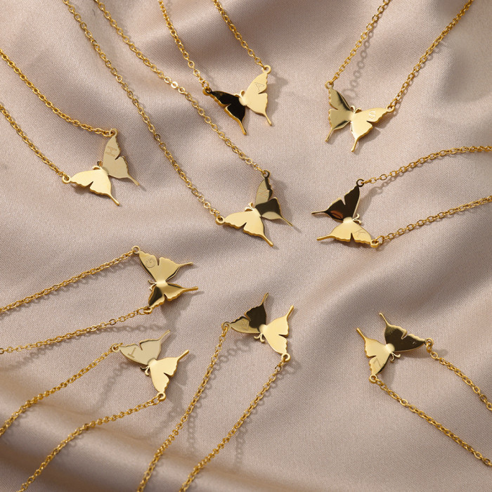 Amazon New Simple Letter Necklace 18k Gold Plated Stainless Steel Butterfly Letter Necklace Unisex Jewelry Dropshipping