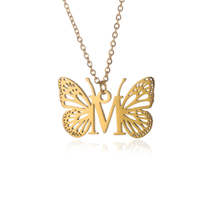Amazon New Stainless Steel Butterfly Wing Letter Pendant Women 26 Letters Necklace Hollow Butterfly Necklace