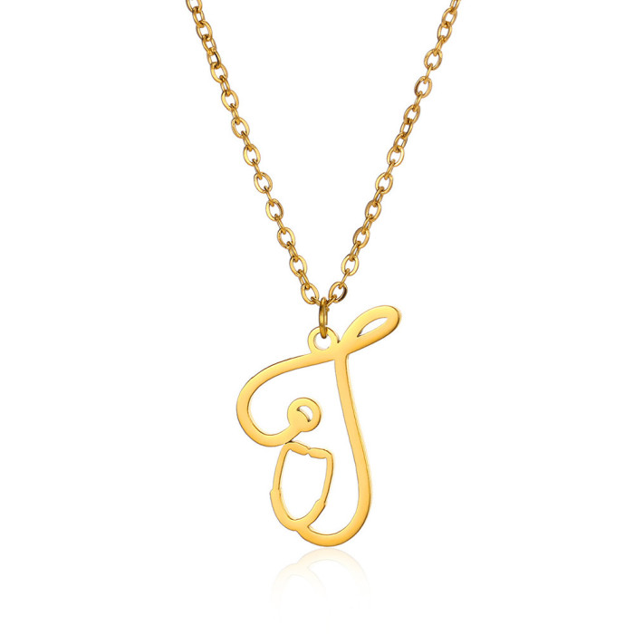 European and American Hot Selling A-Z Stainless Steel English Letter Pendant Women's Necklace Stethoscope Necklace Niche Design Clavicle Chain