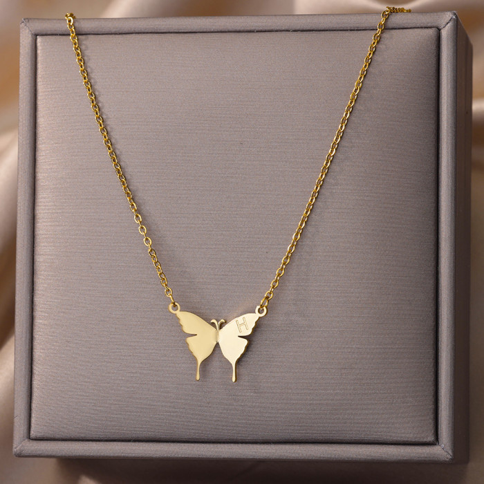 Amazon New Simple Letter Necklace 18k Gold Plated Stainless Steel Butterfly Letter Necklace Unisex Jewelry Dropshipping