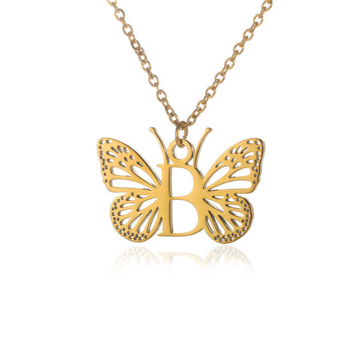 Amazon New Stainless Steel Butterfly Wing Letter Pendant Women 26 Letters Necklace Hollow Butterfly Necklace