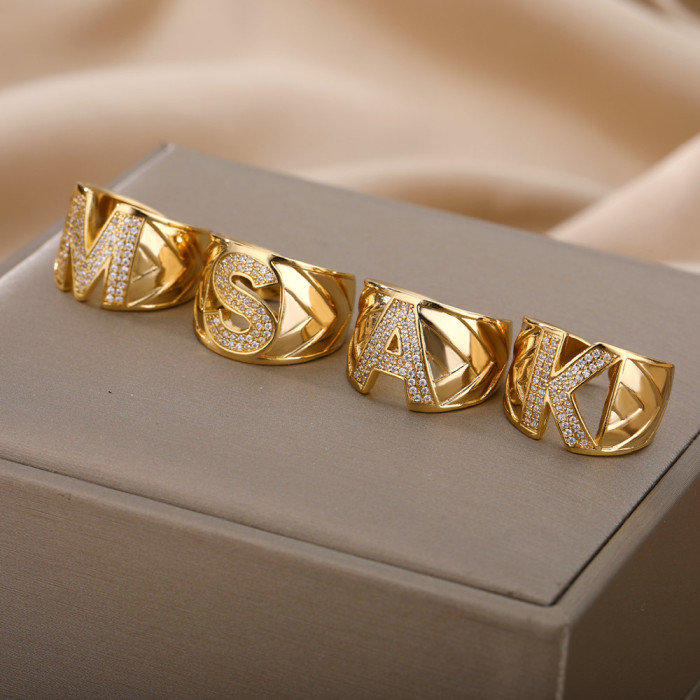 European and American New Arrival Rings Unisex 18K Gold Plated 26 English Letters Adjustable Open Rings