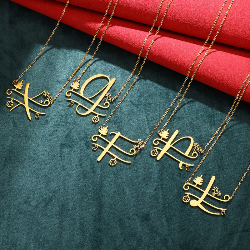 Cross-Border New Fashion A-Z English Letter Christmas Necklace for Men and Women Stainless Steel Christmas Pendant Christmas Tree