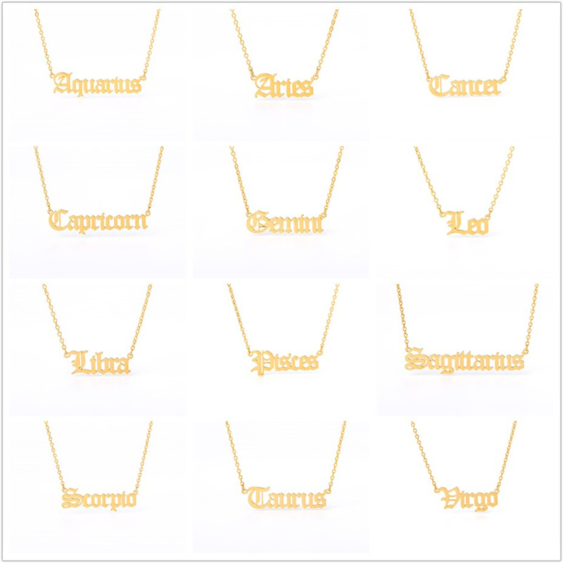 AliExpress Hot Sale Twelve Zodiac Necklace Stainless Steel Vintage English Alphabet Zodiac Necklace Pendant