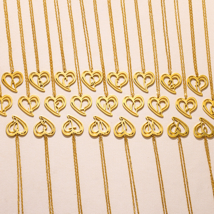 Simple Fashion 26 Heart-Shaped Hollow English Letter Necklace for Men and Women Creative Stainless Steel Heart Collarbone Chain