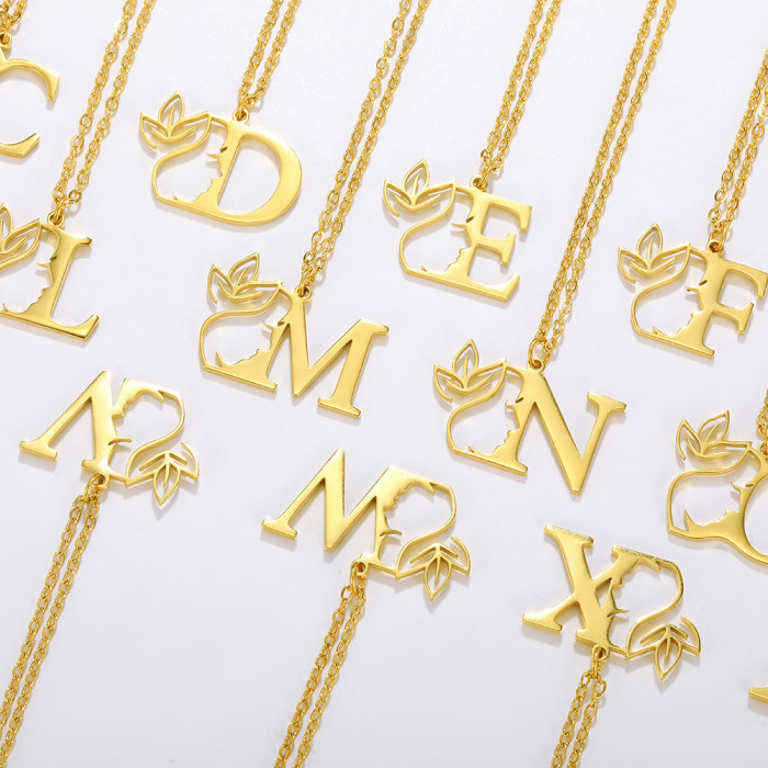 New European and American Style Letter Necklace Stainless Steel Side Face Hollow Portrait 26 Letters Necklace Unisex Jewelry Wholesale