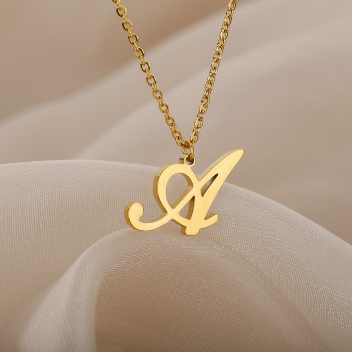 European and American Style New Product Capital A-Z Stainless Steel 26 English Letters Necklace Melon Seed Buckle 18k Real Gold Plated Men's Necklace