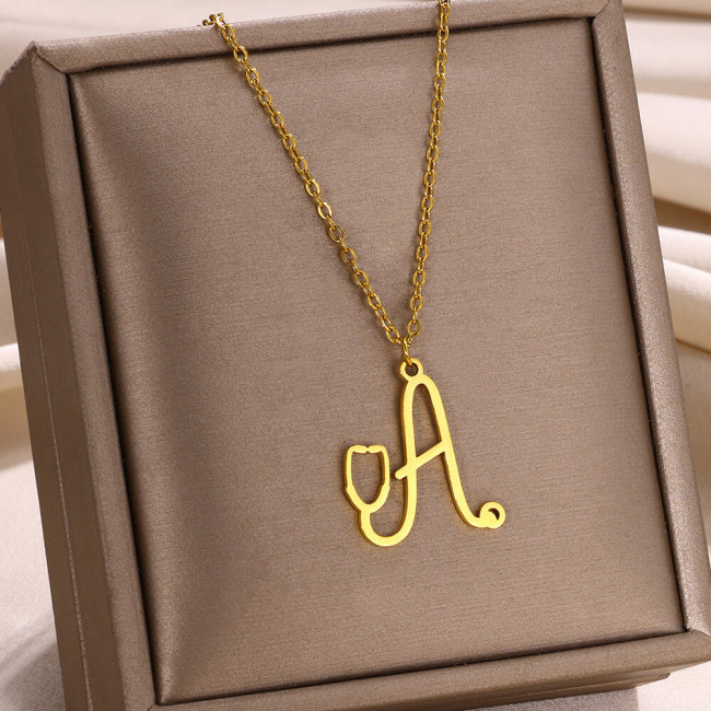 European and American Hot Selling A-Z Stainless Steel English Letter Pendant Women's Necklace Stethoscope Necklace Niche Design Clavicle Chain