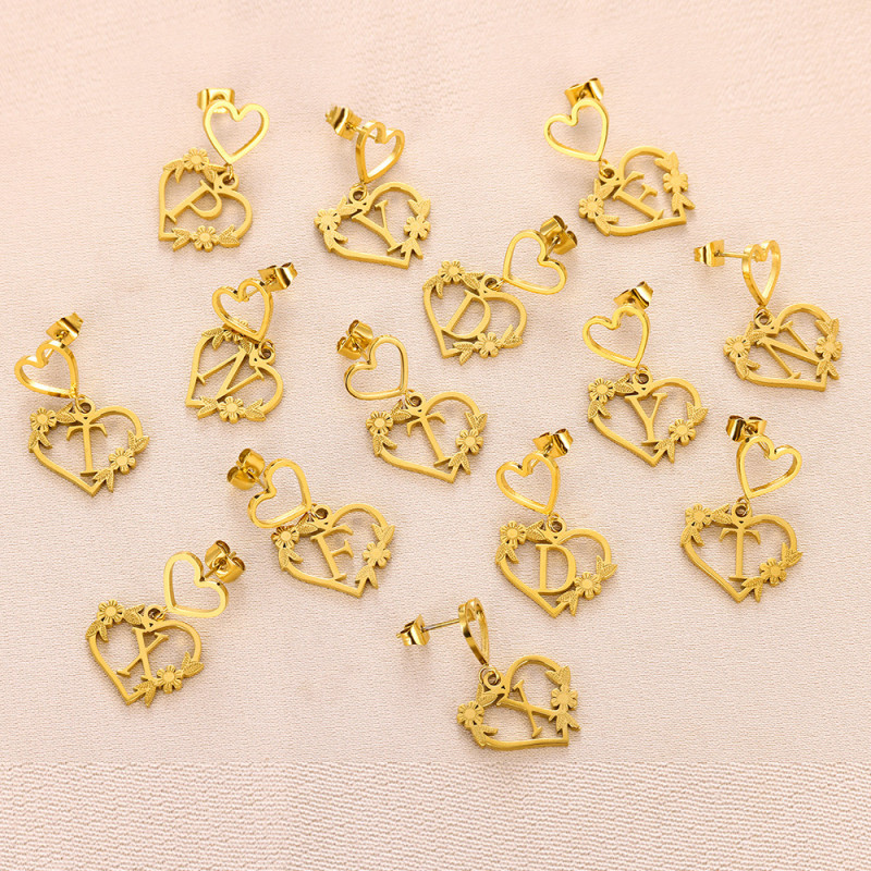 Cross-Border New Flower Heart Pendant Initial Letter Women's Earrings 26 Letters A-Z Drop Earrings Stainless Steel Ear Jewelry