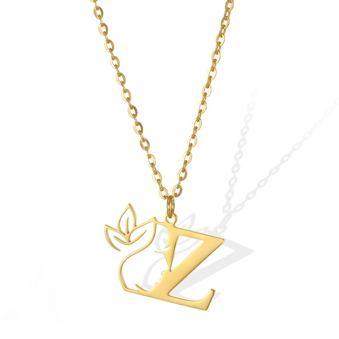 New European and American Style Letter Necklace Stainless Steel Side Face Hollow Portrait 26 Letters Necklace Unisex Jewelry Wholesale