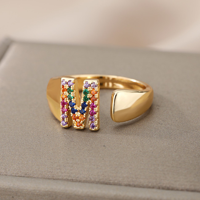 Cross-Border Hot Selling A-Z Fashion English Letter Open Ring Personality Copper Inlaid Zircon Index Finger Ring Cross-Border E-commerce