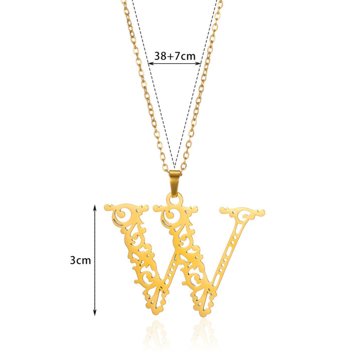 European and American Cross-Border Fashion Trend Hollow 26 Letter Necklace for Women, Elegant and Versatile Vacuum Electroplated Stainless Steel Jewelry