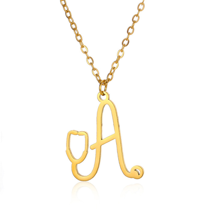 European and American Hot Selling A-Z Stainless Steel English Letter Pendant Women's Necklace Stethoscope Necklace Niche Design Clavicle Chain
