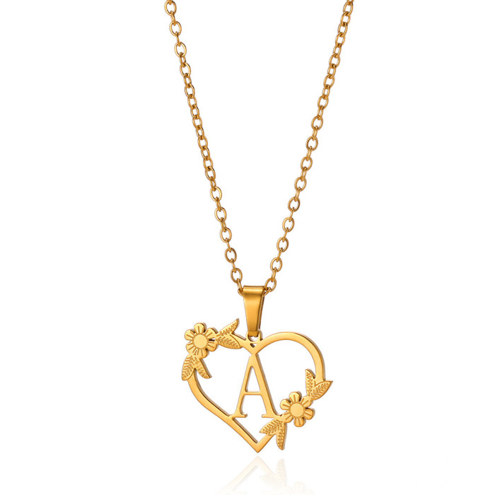 Cross-Border Fashion A-Z Heart-Shaped Hollow English Letter Necklace for Women Creative Stainless Steel Heart Flower Surname Necklace