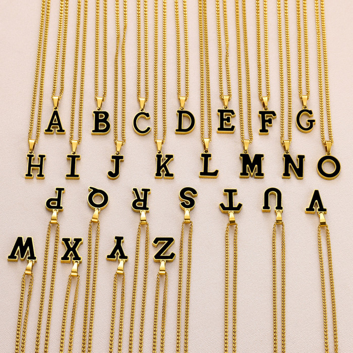 Cross-Border European and American Style Stainless Steel 26 English Letter Necklace for Women Titanium Steel Fashion Simple Oil Drop Letter Pendant Collarbone Chain