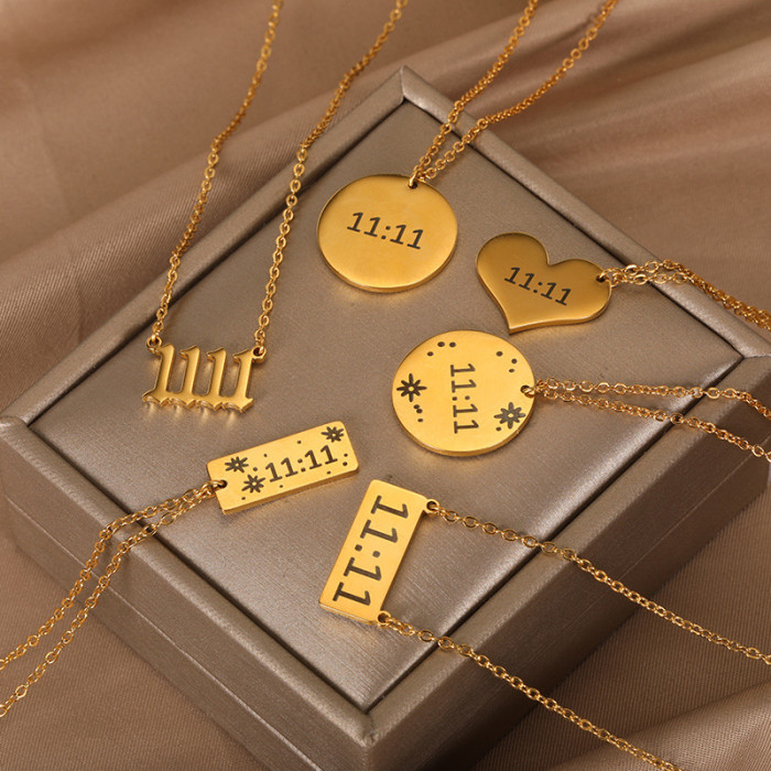 European and American Style Simple Stainless Steel 18K Gold Letter Square Angel Number 1111 Necklace Heart Pendant Collarbone