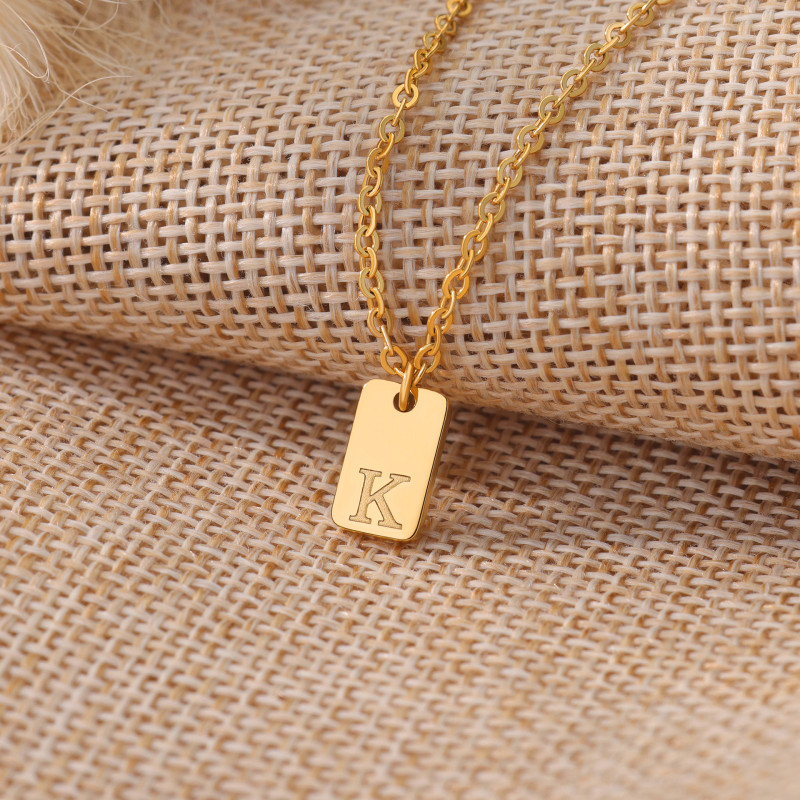 Cross-Border New Alphabet Square Pendant Necklace Stainless Steel Necklace 26 English Letters Men and Women Necklace Wholesale