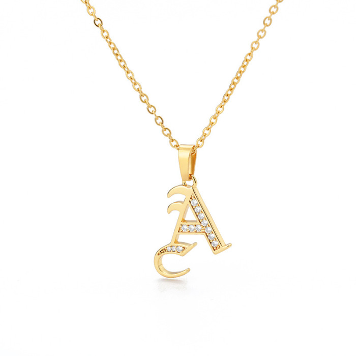 European and American Cross-Border Jewelry Ancient English Letter Pendant Copper Zircon Necklace Stainless Steel Chain 18K One Piece Dropshipping