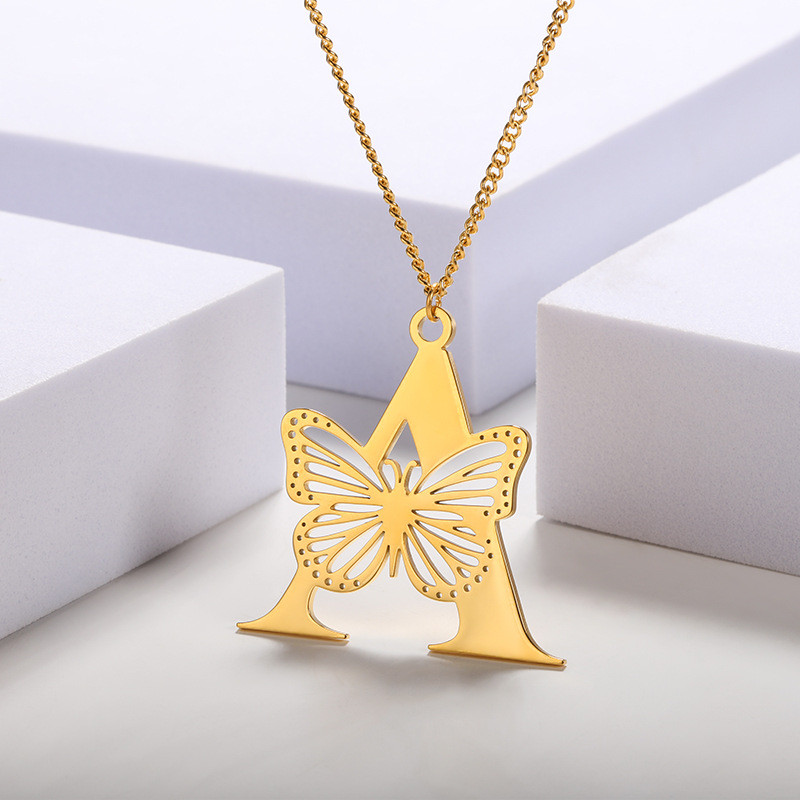 Cross-Border New 18k Gold Plated Stainless Steel Butterfly Letter Pendant Women 26 Letters Necklace Hollow Butterfly Necklace