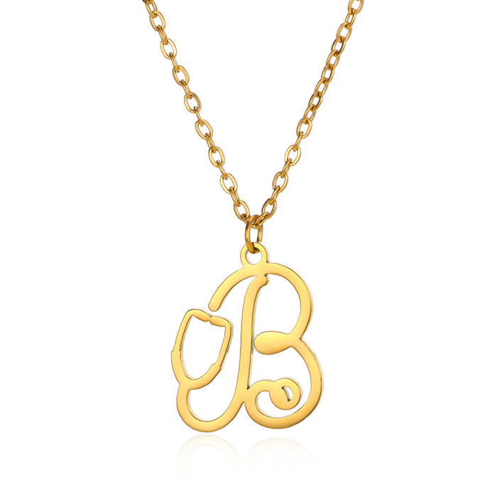 European and American Hot Selling A-Z Stainless Steel English Letter Pendant Women's Necklace Stethoscope Necklace Niche Design Clavicle Chain