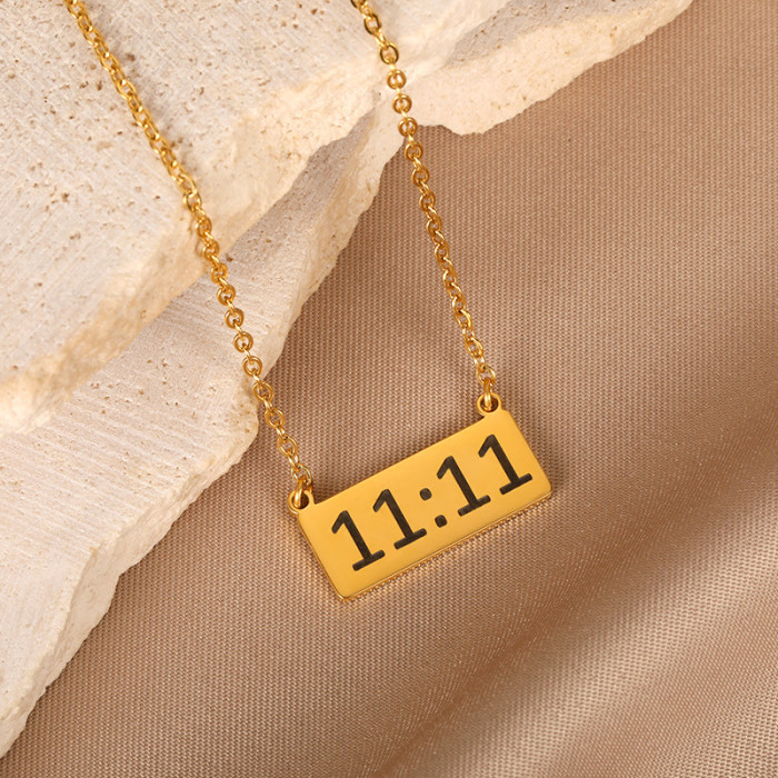 European and American Style Simple Stainless Steel 18K Gold Letter Square Angel Number 1111 Necklace Heart Pendant Collarbone