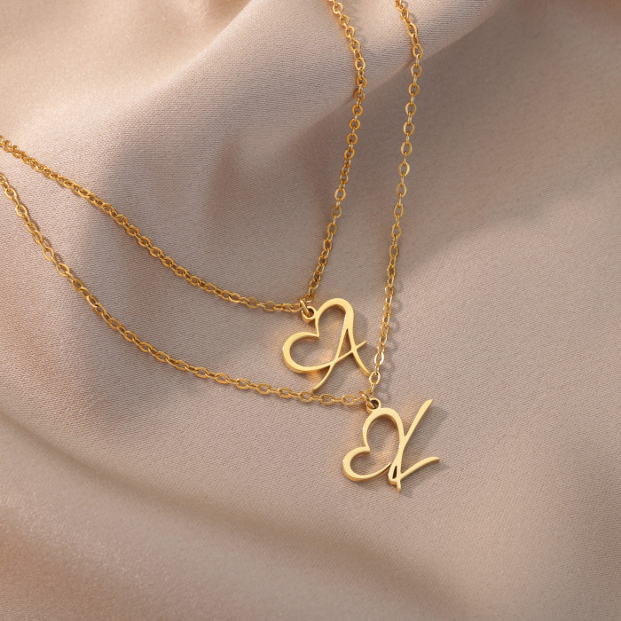 Cross-Border Hot Selling Gold 26 Capital English Letter Necklace Stainless Steel Necklace Heart Butterfly Letter Necklace