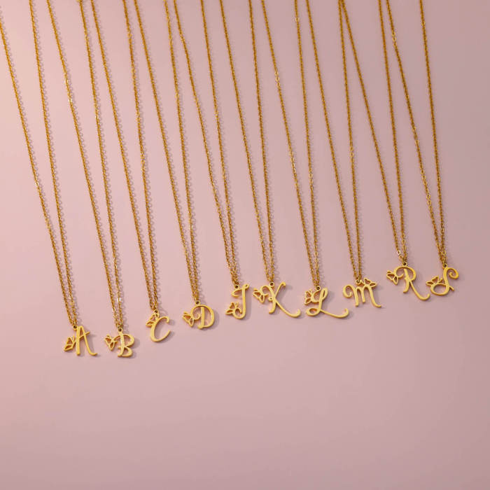 Cross-Border Hot Selling Gold 26 Capital English Letter Necklace Stainless Steel Necklace Heart Butterfly Letter Necklace