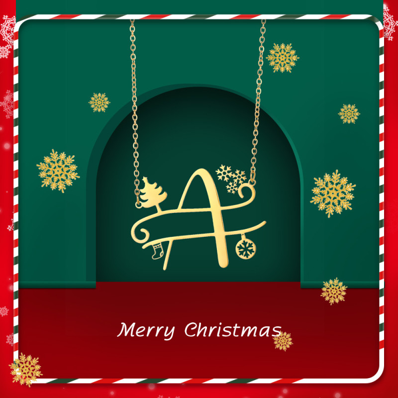Cross-Border New Fashion A-Z English Letter Christmas Necklace for Men and Women Stainless Steel Christmas Pendant Christmas Tree