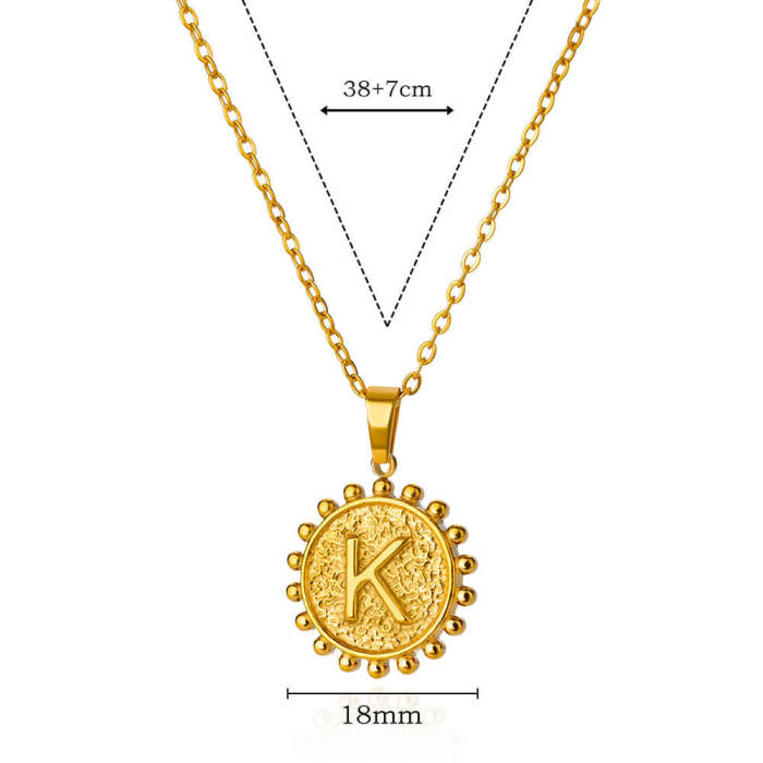 Cross-Border New Gold Round English Letter Necklace for Women A-Z European and American Simple Stainless Steel Collarbone Chain Jewelry for Women