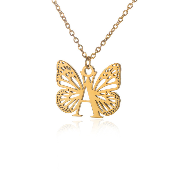 Amazon New Stainless Steel Butterfly Wing Letter Pendant Women 26 Letters Necklace Hollow Butterfly Necklace