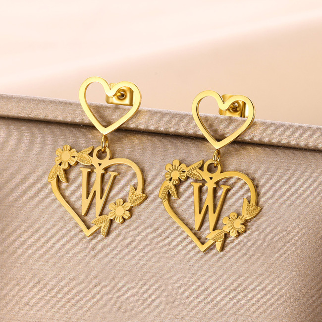 Cross-Border New Flower Heart Pendant Initial Letter Women's Earrings 26 Letters A-Z Drop Earrings Stainless Steel Ear Jewelry
